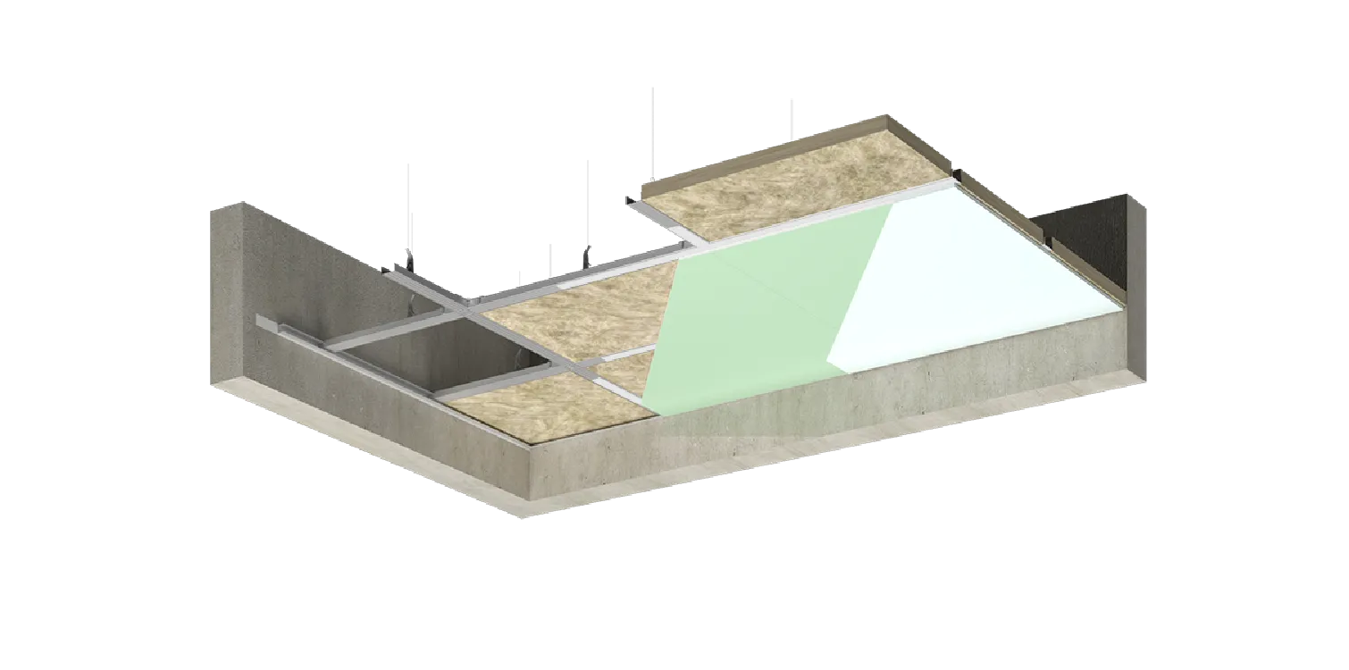 Подвесной потолок по металлическому каркасу с относом от плиты перекрытия с заполнением из звукопоглощающих плит с двумя слоями обшивки
