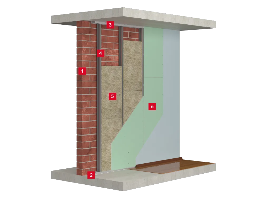 Облицовка стен с металлическим каркасом из стеновых профилей с заполнением из звукопоглощающих плит_1