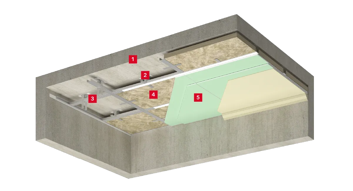 Подвесной потолок по металлическому каркасу с заполнением из звукопоглощающих плит РОКВУЛ_2