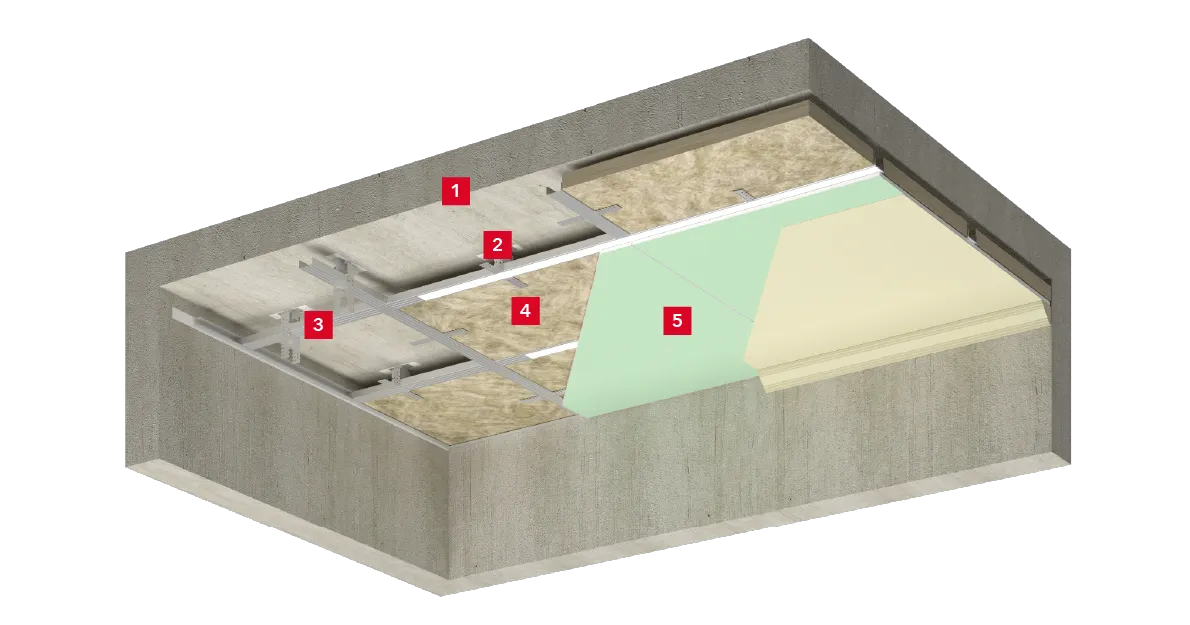 Подвесной потолок по металлическому каркасу с заполнением из звукопоглощающих плит РОКВУЛ_1