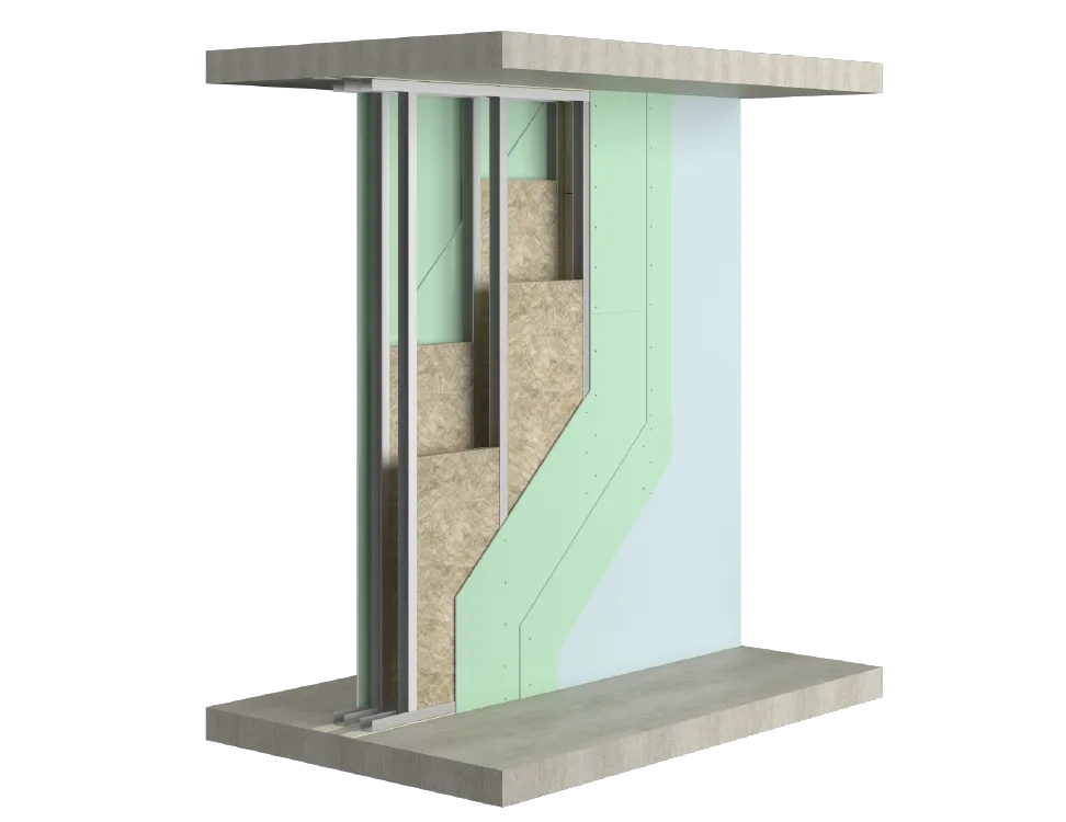 Перегородка на двойном разнесенном металлическом каркасе, обшитая двумя слоями гипсовых плит с обеих сторон