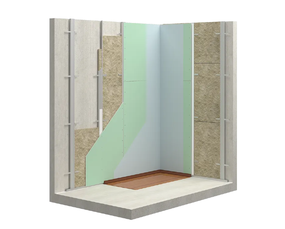 Облицовка стен с металлическим каркасом из потолочных профилей с заполнением из звукопоглощающих плит