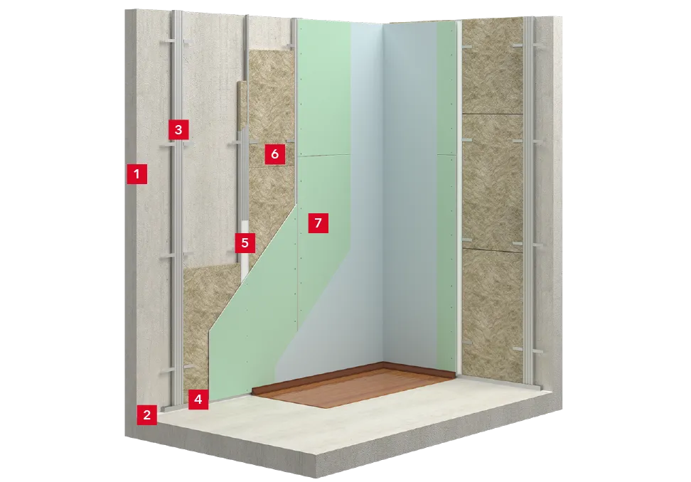 Облицовка стен с металлическим каркасом из потолочных профилей с заполнением из звукопоглощающих плит_1