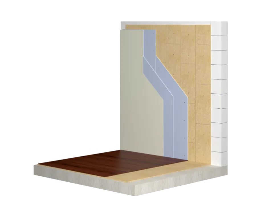 Бескаркасная система облицовки стен с Листом звукоизоляционным РОКВУЛ и двумя слоями гипсовых плит