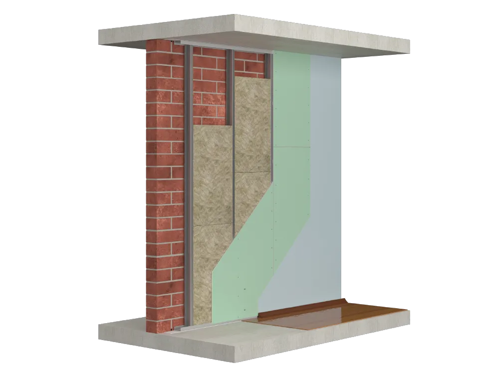 Облицовка стен с металлическим каркасом из стеновых профилей с заполнением из звукопоглощающих плит