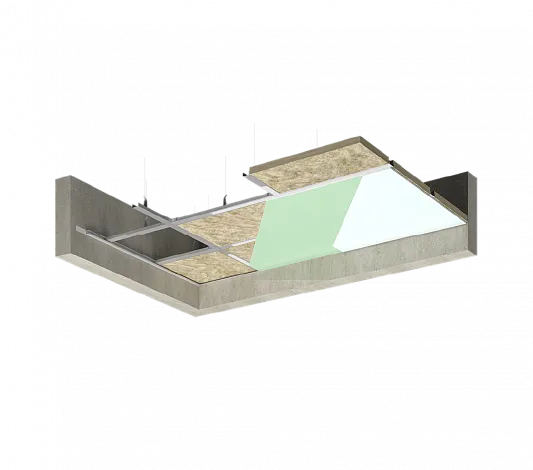 Подвесной потолок по металлическому каркасу с относом от плиты перекрытия с заполнением из звукопоглощающих плит с двумя слоями обшивки
