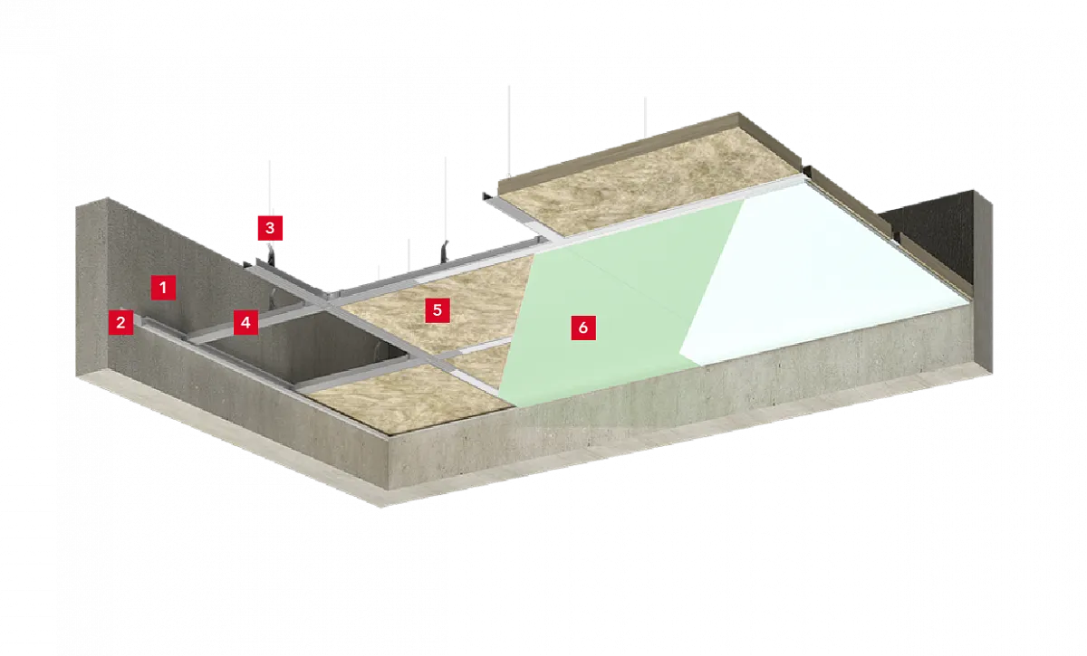 Подвесной потолок по металлическому каркасу с относом от плиты перекрытия с заполнением из звукопоглощающих плит с двумя слоями обшивки_1
