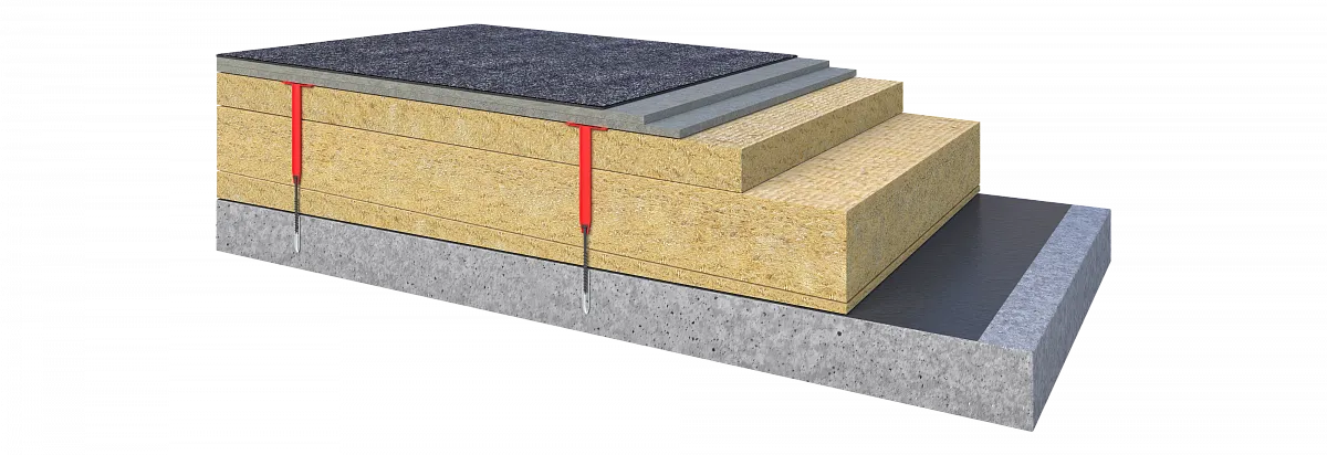 Плоская кровля по железобетонному основанию с разуклонкой из каменной ваты, сухой стяжкой и битумной гидроизоляцией