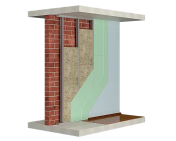 Облицовка стен на относе с металлическим каркасом из стеновых профилей с заполнением из звукопоглощающих плит, обшитым двумя слоями гипсовых плит