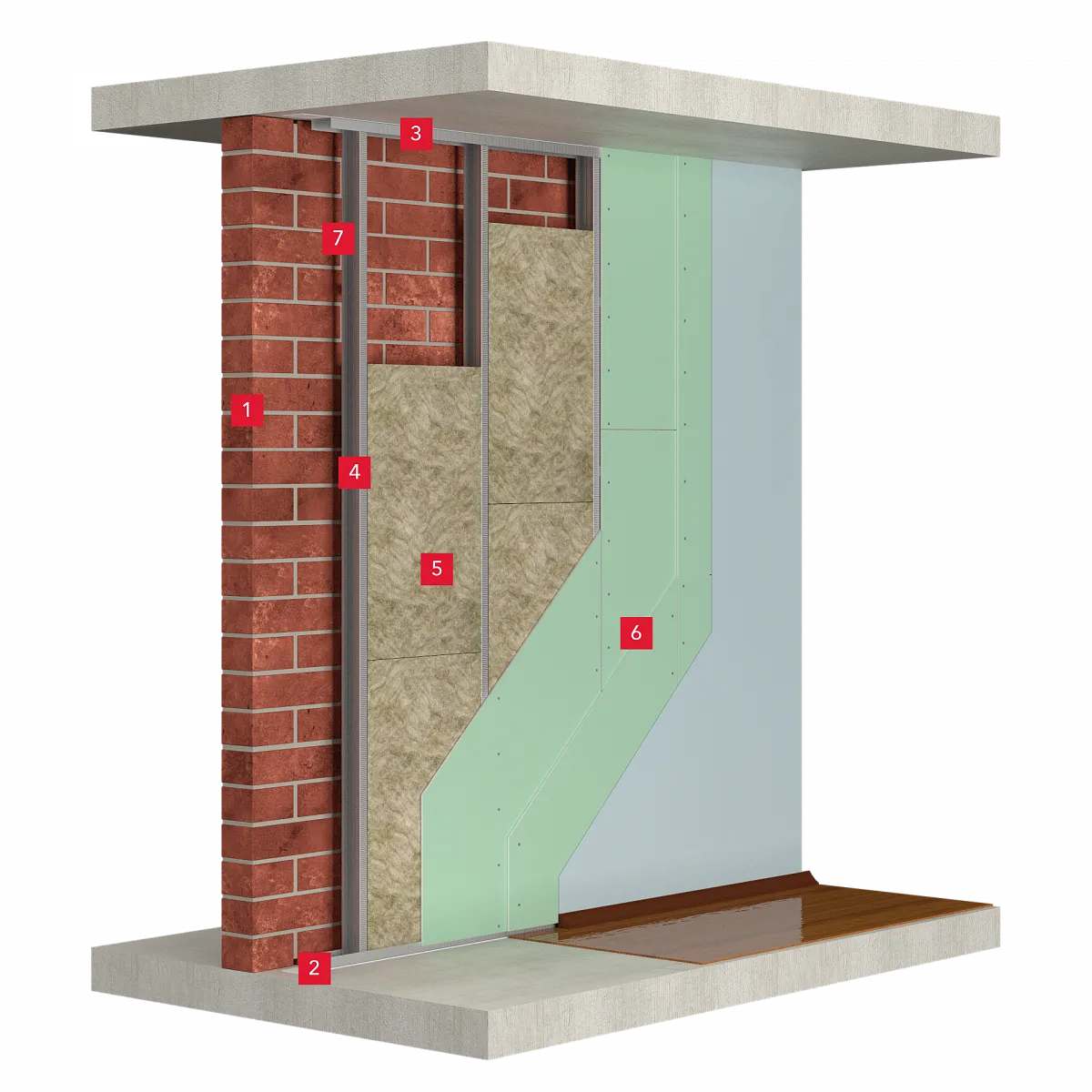 Облицовка стен на относе с металлическим каркасом из стеновых профилей с заполнением из звукопоглощающих плит, обшитым двумя слоями гипсовых плит_1