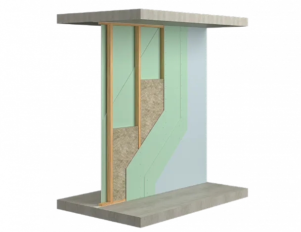 Перегородка на одинарном деревянном каркасе, обшитая двумя слоями гипсовых плит с обеих сторон