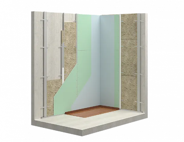 Облицовка стен с металлическим каркасом из потолочных профилей с заполнением из звукопоглощающих плит