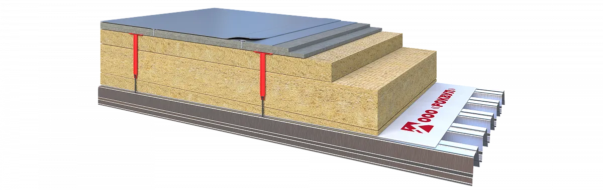 Плоская кровля по основанию из профлиста с контруклоном из каменной ваты, сухой стяжкой и ПВХ-мембраной