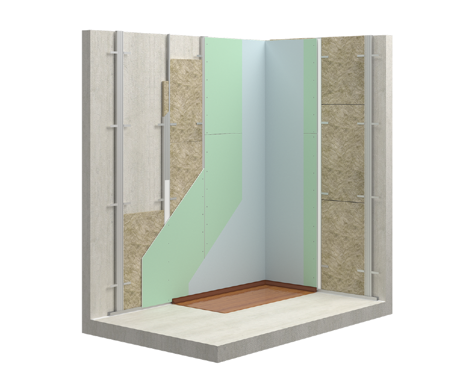 Облицовка стен с металлическим каркасом из потолочных профилей с заполнением из звукопоглощающих плит