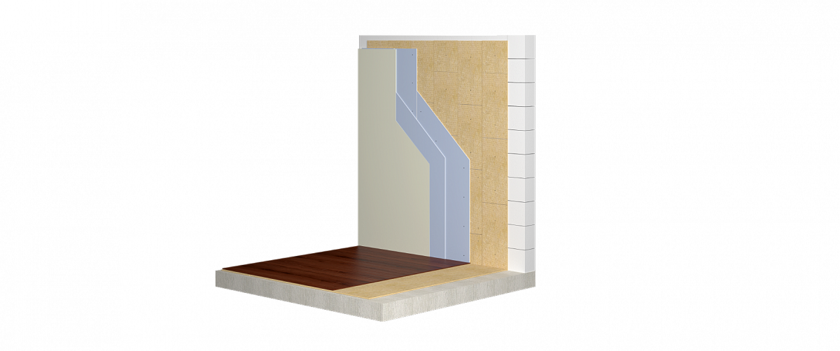 Бескаркасная система облицовки стен с Листом звукоизоляционным РОКВУЛ и двумя слоями гипсовых плит