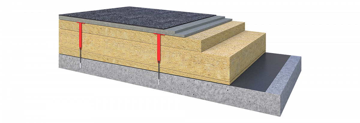 Плоская кровля по железобетонному основанию с разуклонкой из каменной ваты, сухой стяжкой и битумной гидроизоляцией