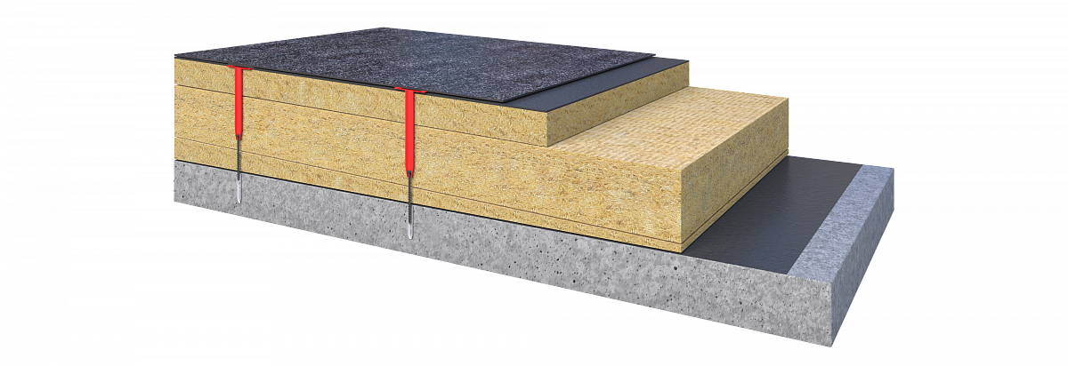 Плоская кровля по железобетонному основанию с разуклонкой из каменной ваты и битумной гидроизоляцией