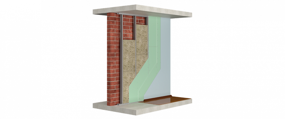 Облицовка стен на относе с металлическим каркасом из стеновых профилей с заполнением из звукопоглощающих плит, обшитым двумя слоями гипсовых плит