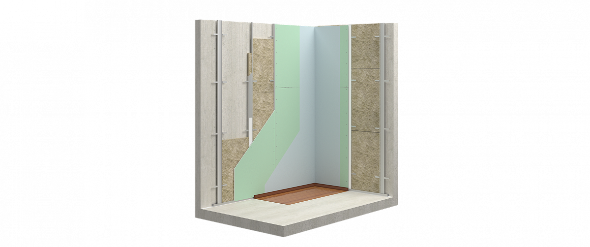 Облицовка стен с металлическим каркасом из потолочных профилей с заполнением из звукопоглощающих плит