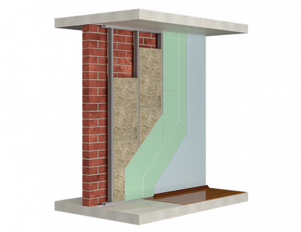 Облицовка стен на относе с металлическим каркасом из стеновых профилей с заполнением из звукопоглощающих плит, обшитым двумя слоями гипсовых плит