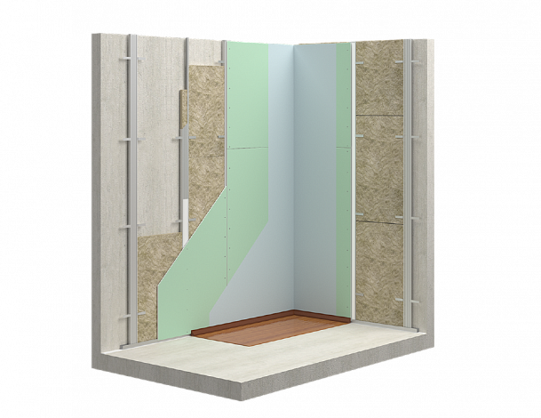 Облицовка стен с металлическим каркасом из потолочных профилей с заполнением из звукопоглощающих плит