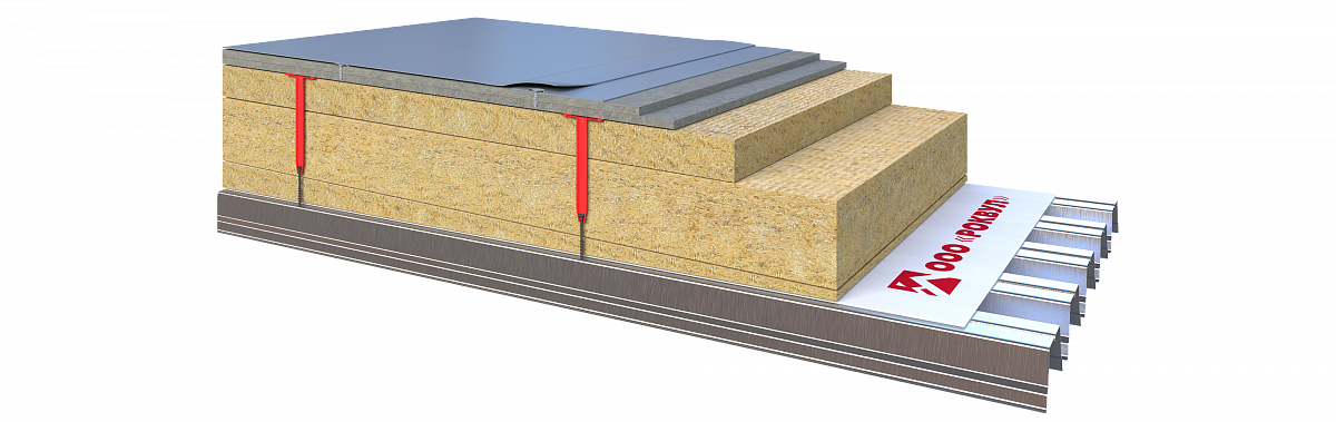 Плоская кровля по основанию из профлиста с контруклоном из каменной ваты, сухой стяжкой и ПВХ-мембраной